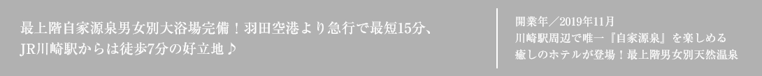 2019年11月1日新規オープン予定！最上階自家源泉男女別大浴場完備！羽田空港より急行で最短15分、JR川崎駅からは徒歩7分の好立地♪