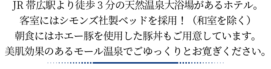 JR帯広駅より徒歩3分の天然温泉大浴場があるホテル。客室にはシモンズ社製ベッドを採用！（和室を除く）朝食にはホエー豚を使用した豚丼もご用意しています。美肌効果のあるモール温泉でごゆっくりとお寛ぎください。