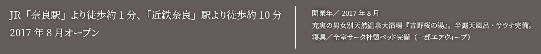 JR「奈良駅」より徒歩約1分、「近畿奈良」駅より徒歩約10分。2017年8月オープン